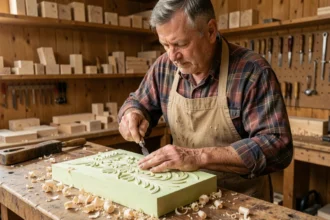 Sculpteur sur bois travaillant un relief floral en bois de tilleul dans un atelier artisanal traditionnel
