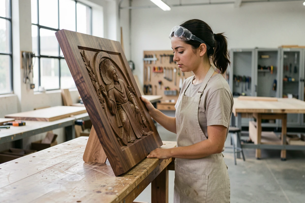 Jeune sculptrice examinant un panneau de bas-relief en noyer dans un atelier de sculpture contemporain