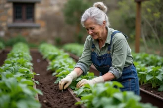 Femme jardinière semant des haricots verts dans un potager au printemps en suivant le calendrier lunaire