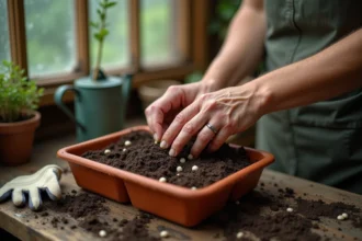 Semis de graines de citrouille Bleu de Hongrie dans un bac en terre cuite sur un établi de jardinier