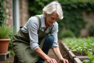 Femme jardinière semant des haricots à la main dans un potager en pleine terre au printemps