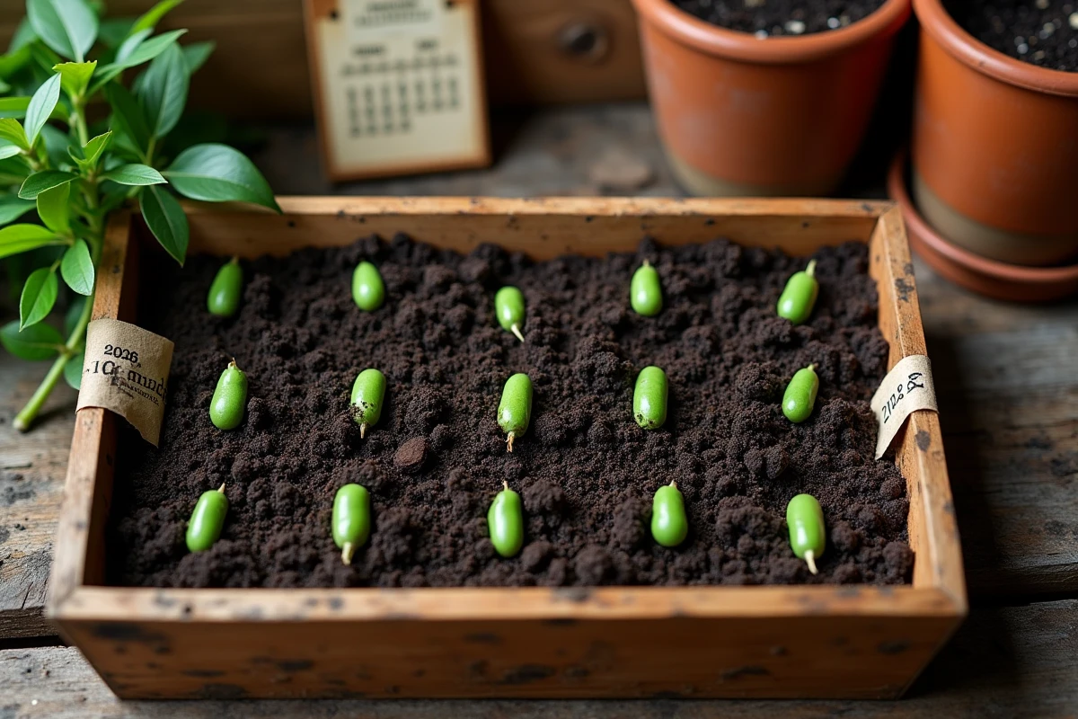 Semis de haricots verts en caissette avec étiquette calendrier lunaire 2026 dans une cabane de jardinage
