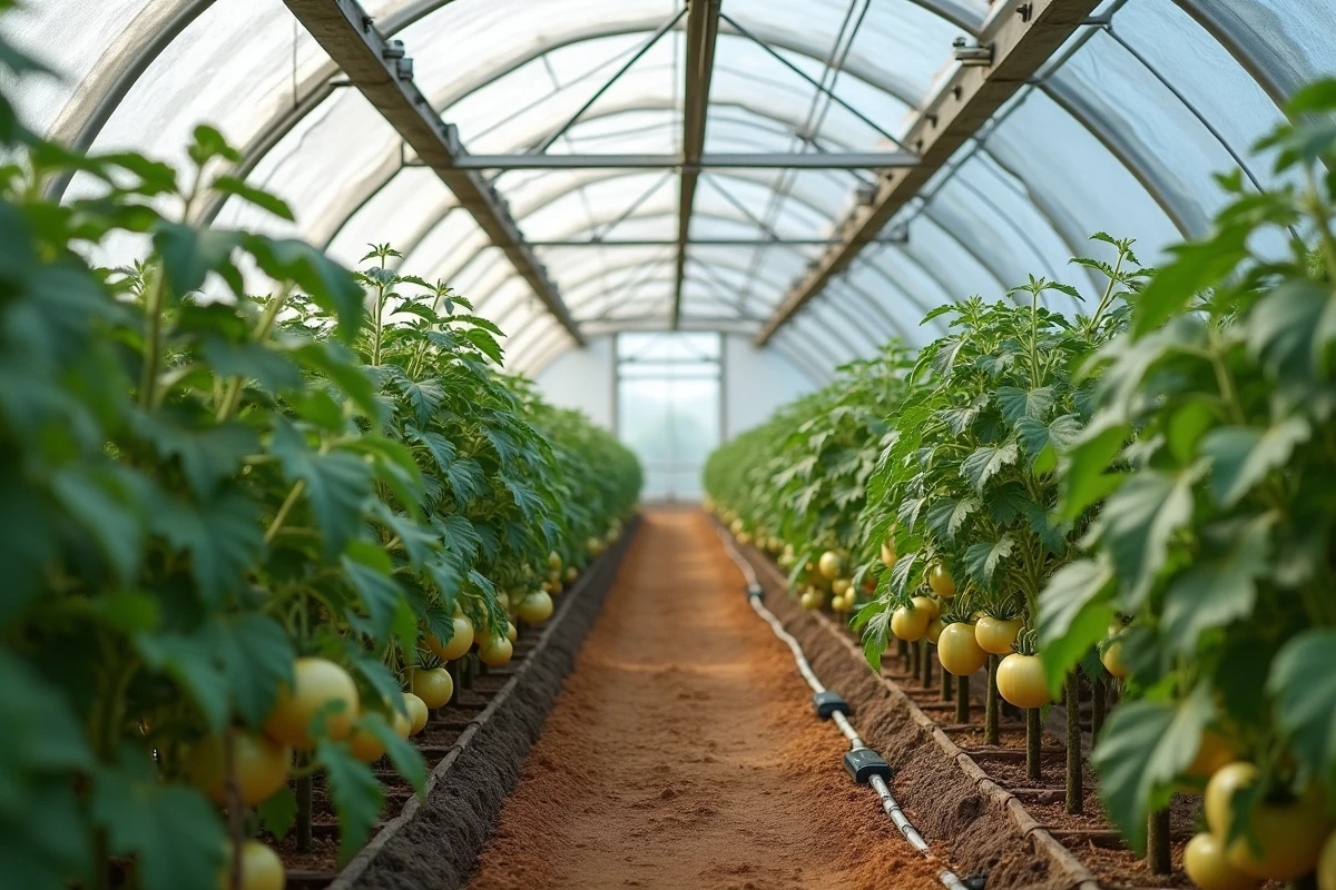Vue intérieure d'une serre maraîchère avec rangées de tomates présentant des feuilles décolorées et blanchissantes