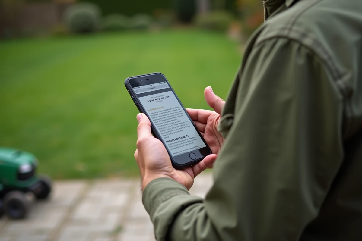 Main tenant un smartphone affichant les horaires légaux de tonte le dimanche avec une tondeuse floue en arrière-plan