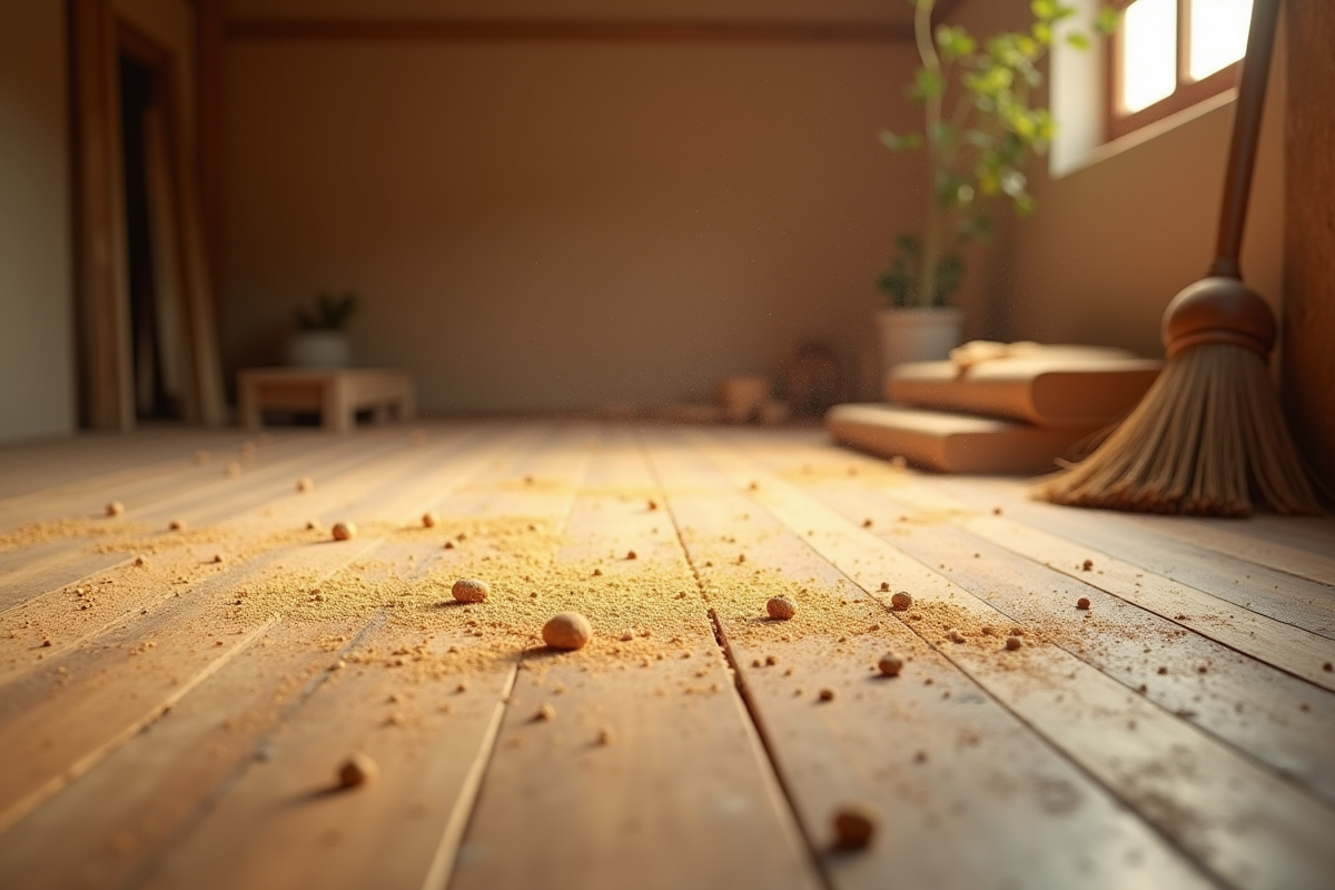 Plan rapproché d un sol en bois poussiéreux avec avertissement poussiere de bois