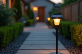 Spot solaire LED sur piquet le long d'une allée en pierre dans un jardin résidentiel au crépuscule