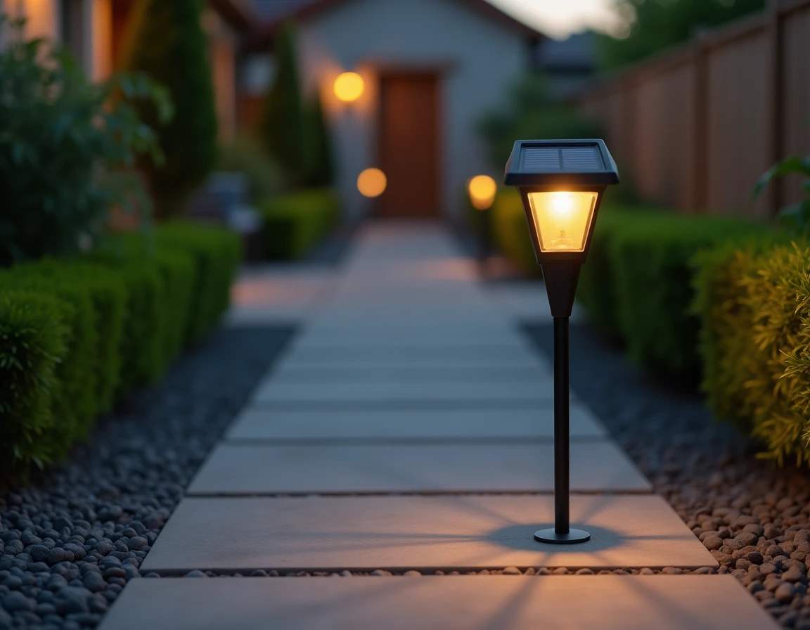 Spot solaire LED sur piquet le long d'une allée en pierre dans un jardin résidentiel au crépuscule