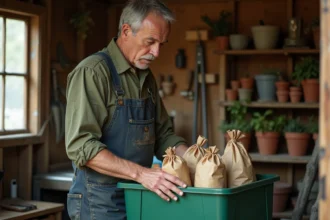 Jardinier rangeant des sacs de tourteau dans un bac de stockage sécurisé dans un cabanon de jardin
