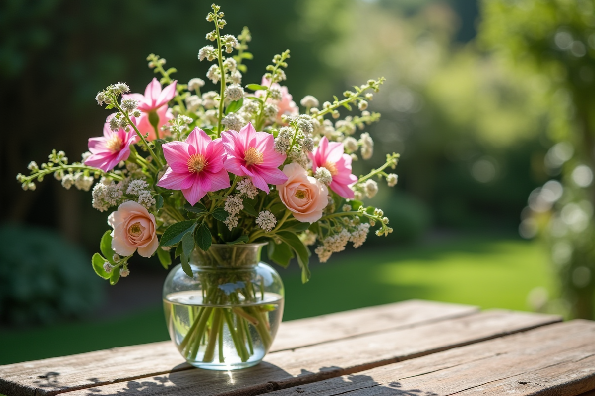 Table en bois avec vase de fuchsias et forgetmenots en extérieur