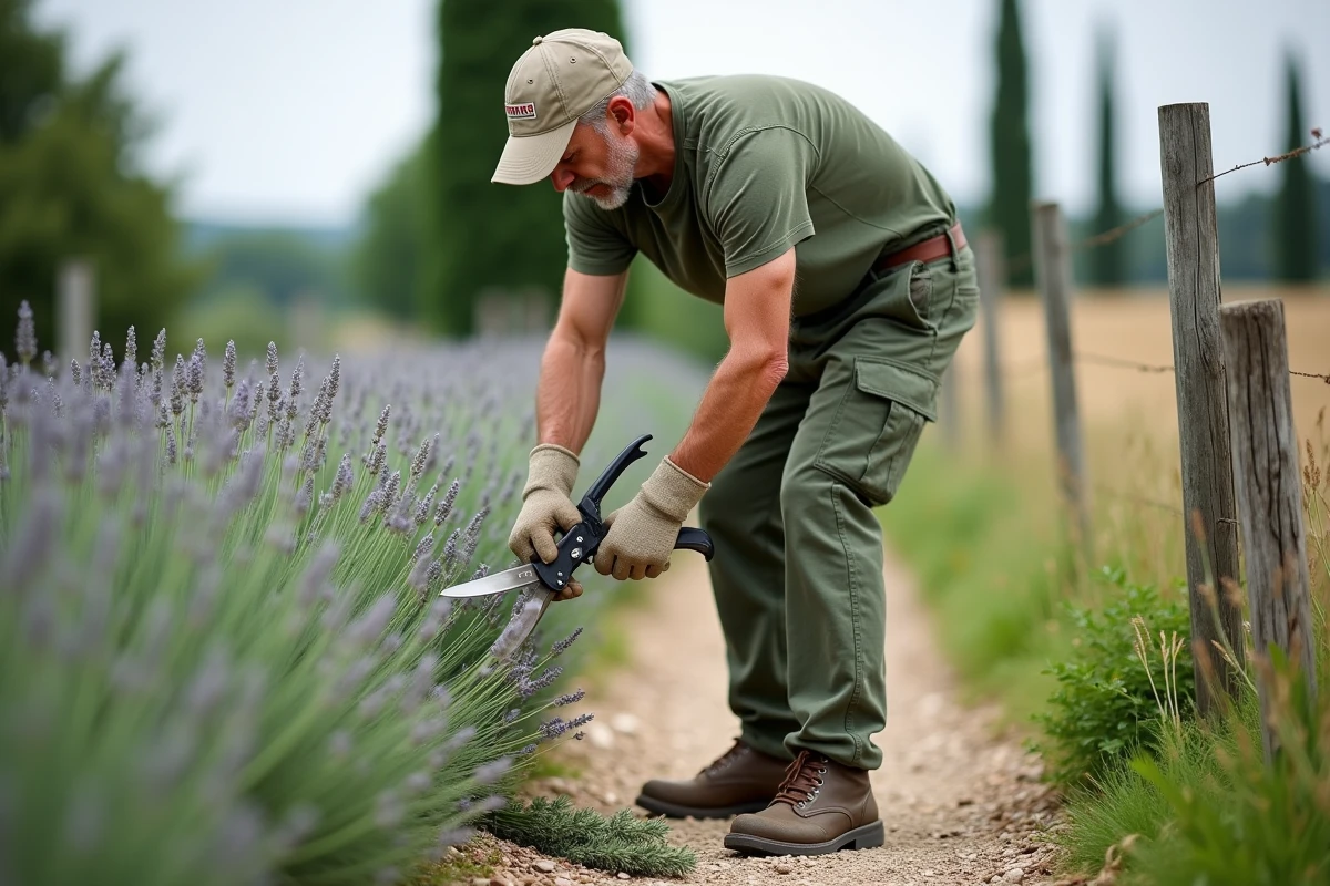 Homme taillant une haie de lavande avec un sécateur dans un jardin de campagne française