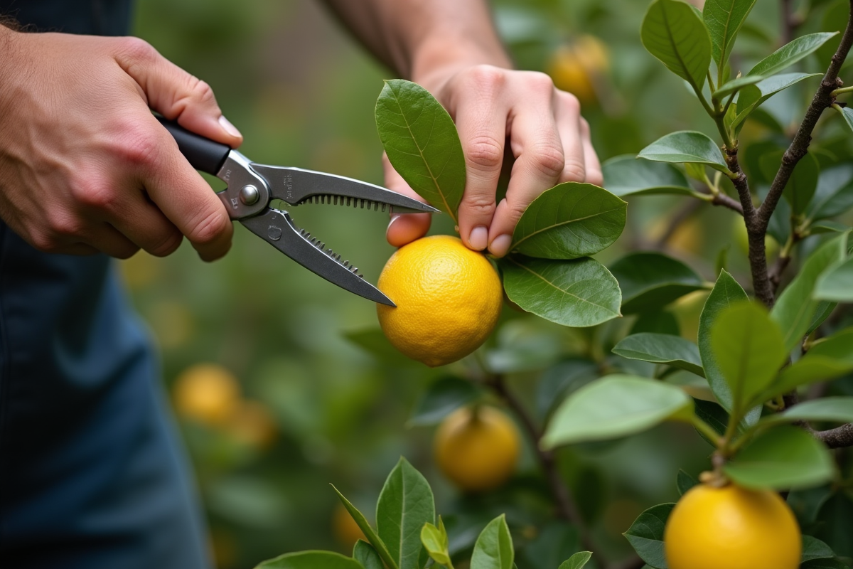 Jardinier taillant un jeune citronnier avec des ciseaux