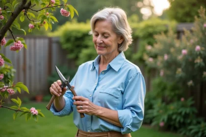 Femme taillant une branche de cerisier dans un jardin