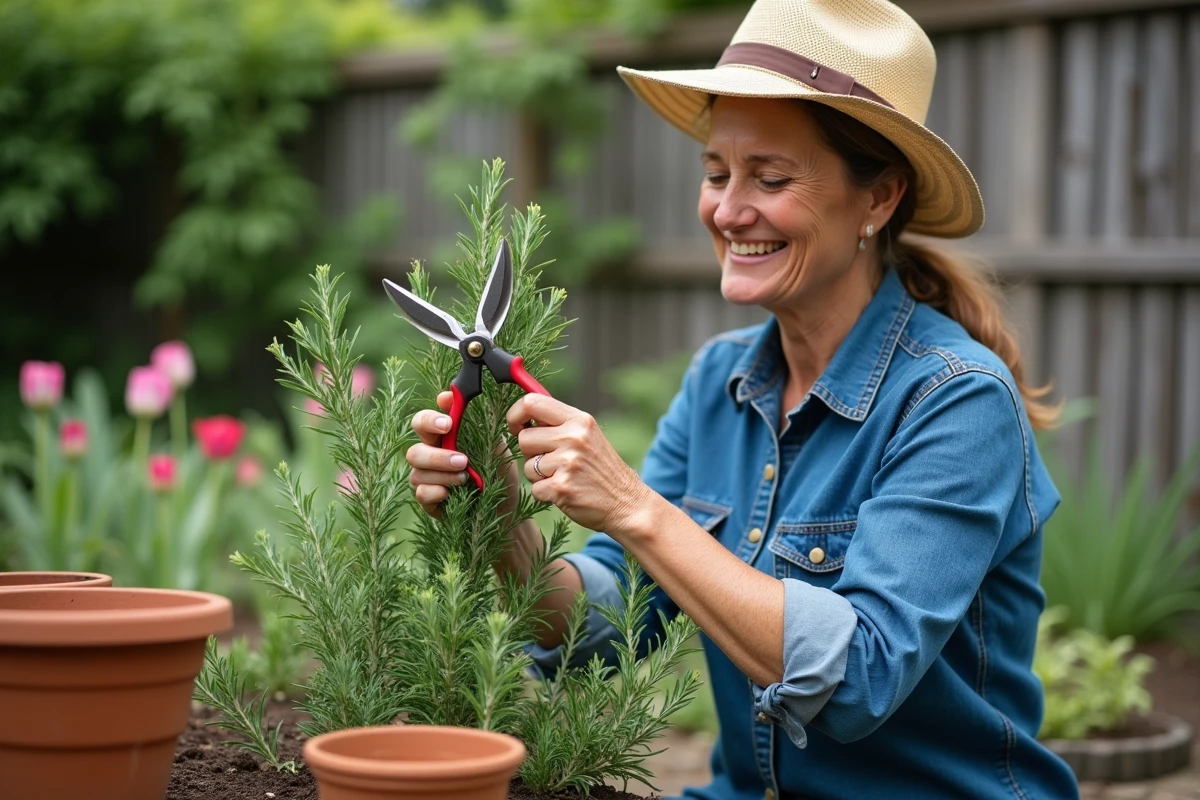 Femme taillant un romarin dans un jardin en plein air