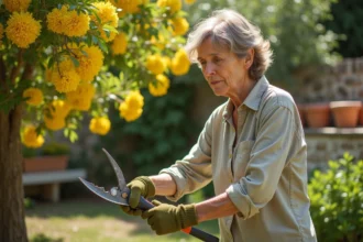 Femme qui taille un mimosa envahissant dans un jardin provençal avec des sécateurs