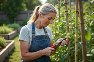 Femme jardinière qui taille les gourmands d'un pied de tomate dans un potager familial avec un sécateur