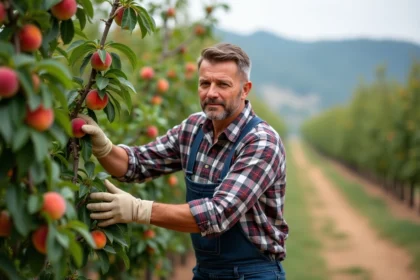 Homme d age moyen taillant un pecher dans un verger