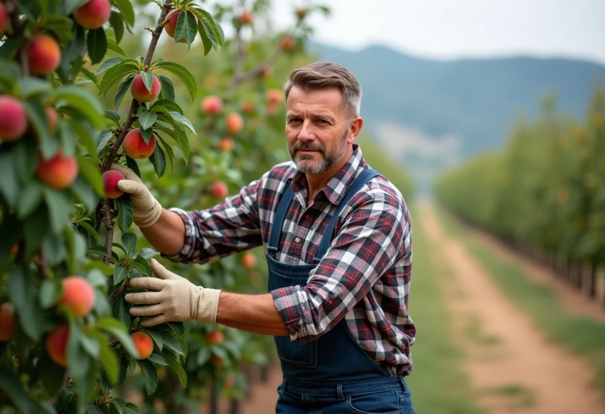 Homme d age moyen taillant un pecher dans un verger