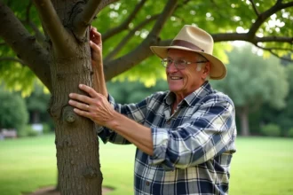 Homme âgé taillant un arbre mulberry dans un jardin