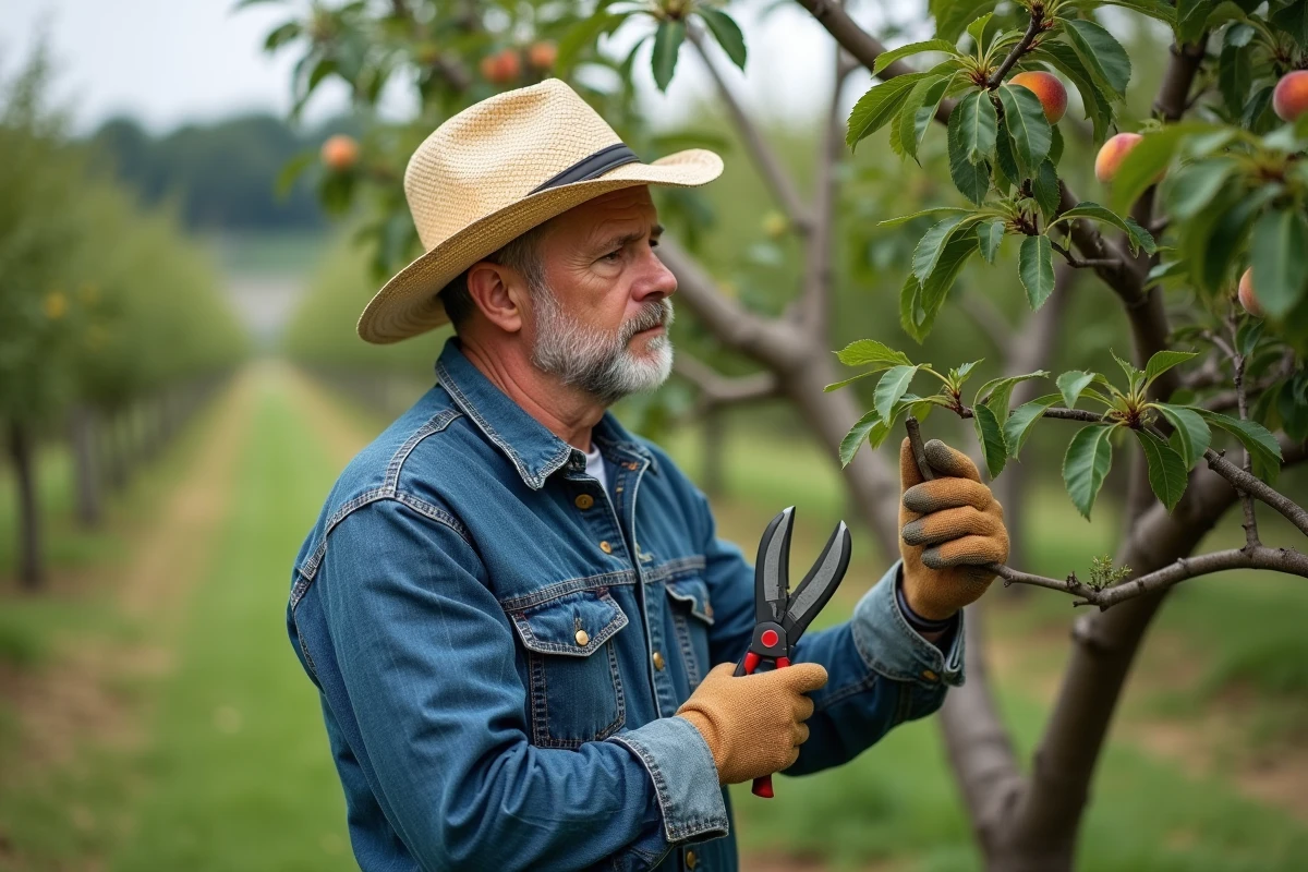 Homme en vêtements de travail examine une branche de pêcheur