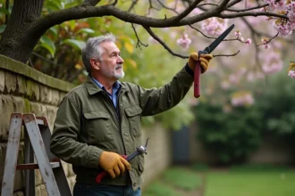 Homme qui taille les branches d'un prunus débordant par-dessus un mur mitoyen dans un jardin de banlieue