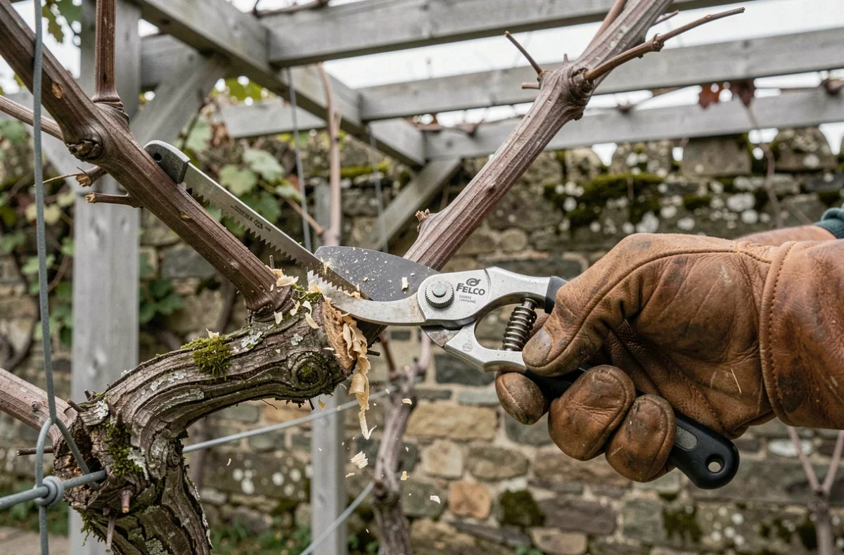 Gros plan sur des mains gantées effectuant une taille de rattrapage sur une vigne de table avec sécateur professionnel