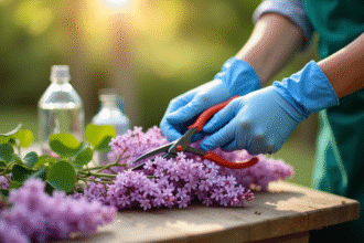 Mains gantées préparant des lilas frais au matin