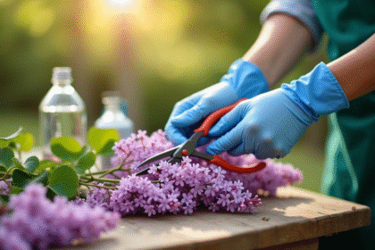 Mains gantées préparant des lilas frais au matin
