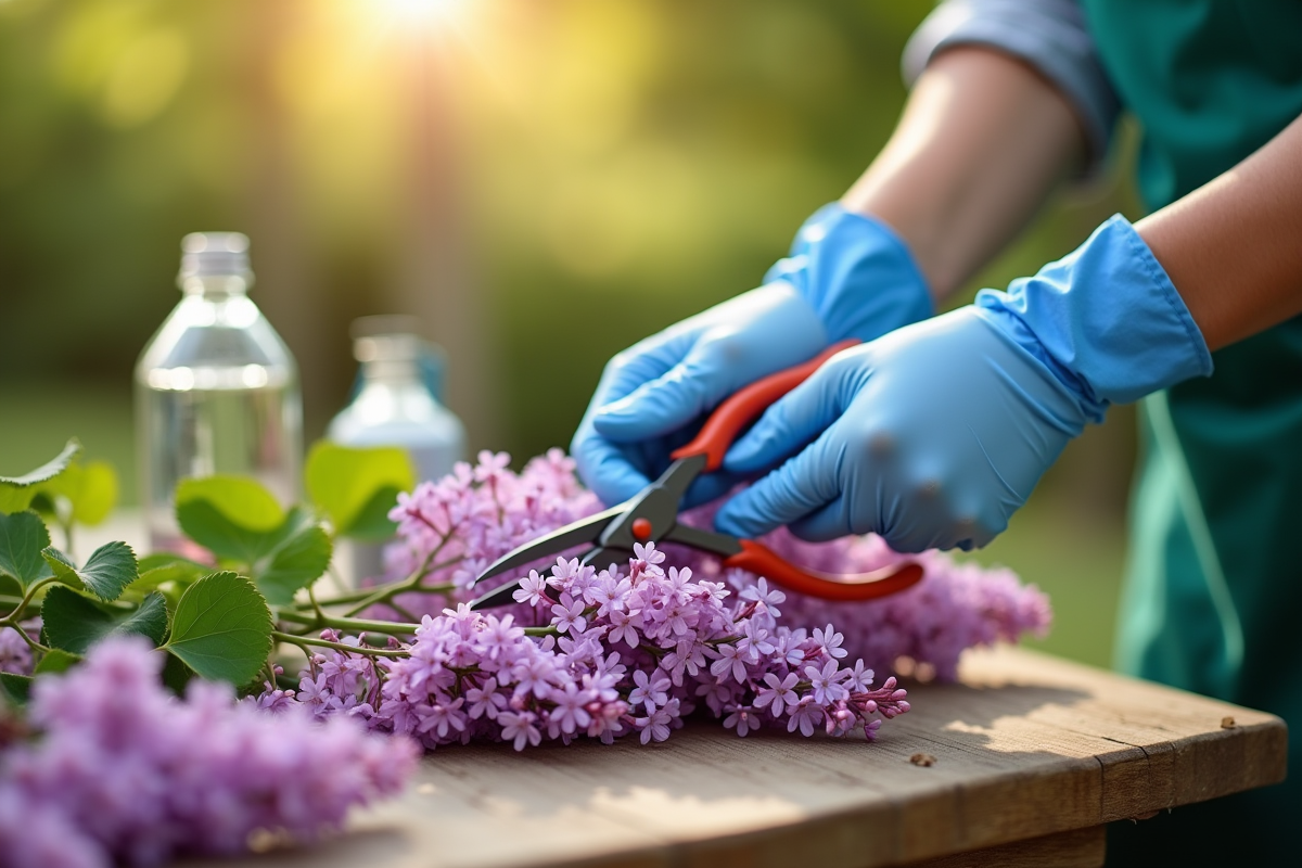 Mains gantées préparant des lilas frais au matin