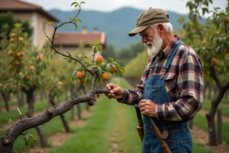 Homme âgé taillant un vieux pêcher dans un vignoble rustique
