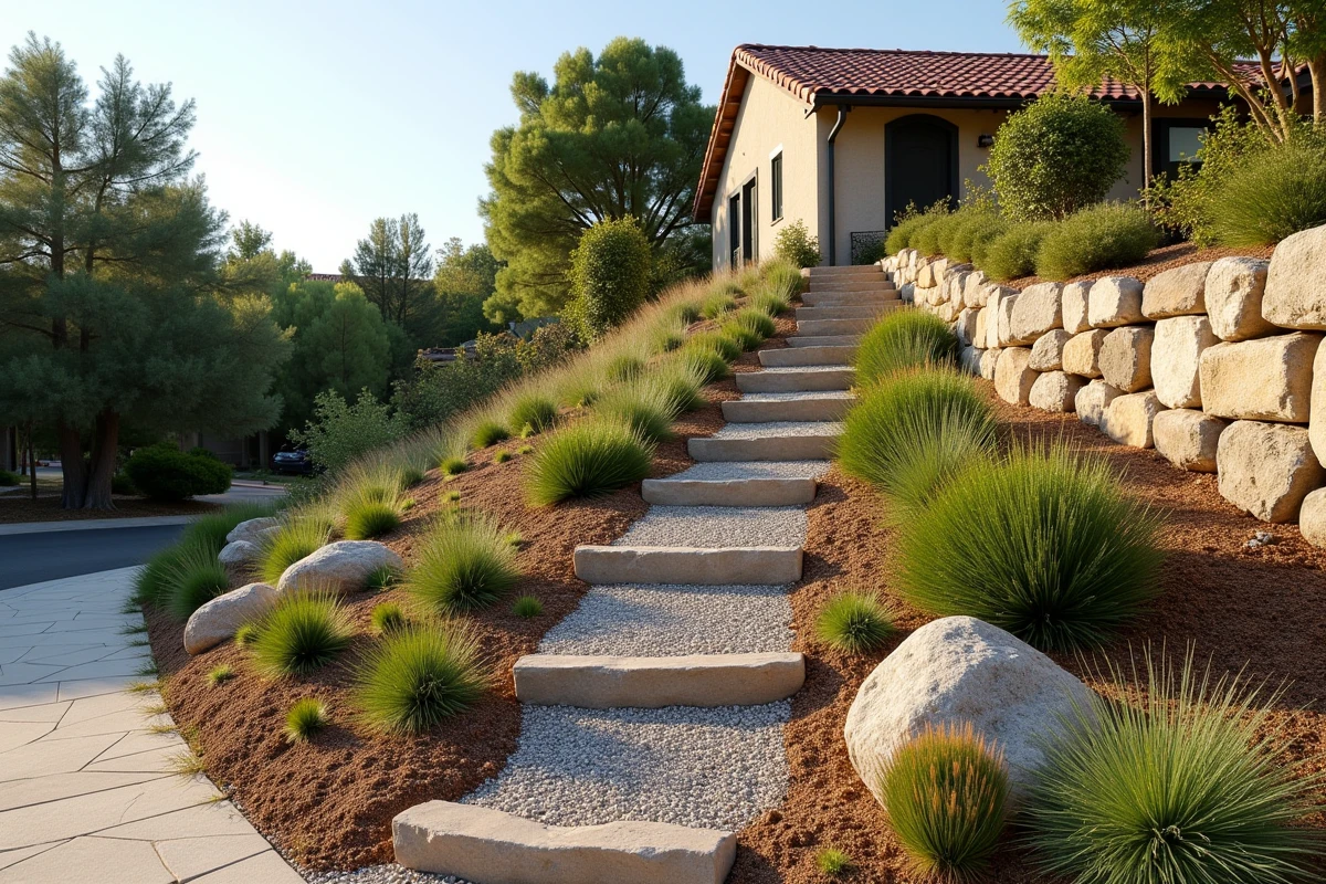 Vue large d'un talus aménagé avec des plantes méditerranéennes résistantes à la sécheresse et un mur de pierre