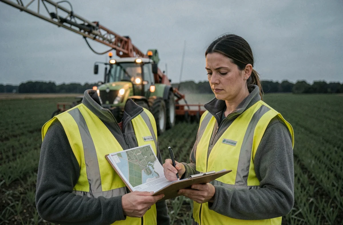 Technicienne agricole planifiant une stratégie de désherbage alternatif au glyphosate avec un pulvérisateur