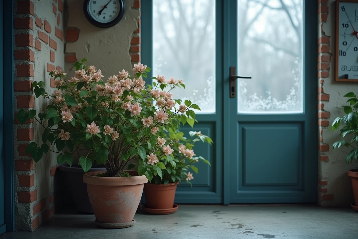 Bougainvillier entreposé dans une véranda non chauffée avec un thermomètre indiquant entre 5 et 10°C pour l'hivernage