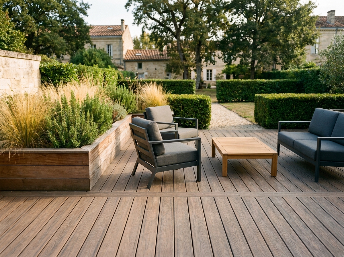 Terrasse en bois composite avec mobilier outdoor et jardin paysager dans une maison bordelaise