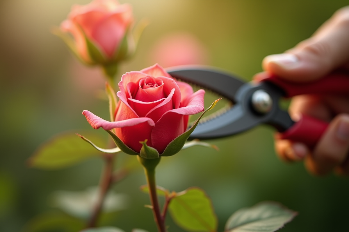 Main tenant une tige de rose fraîche avec des sécateurs pour propagation