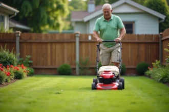 Homme tondant sa pelouse un dimanche après-midi avec une tondeuse électrique rouge dans un jardin suburban