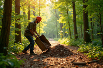 Travailleur en forêt étalant des copeaux de bois frais parmi jeunes arbres