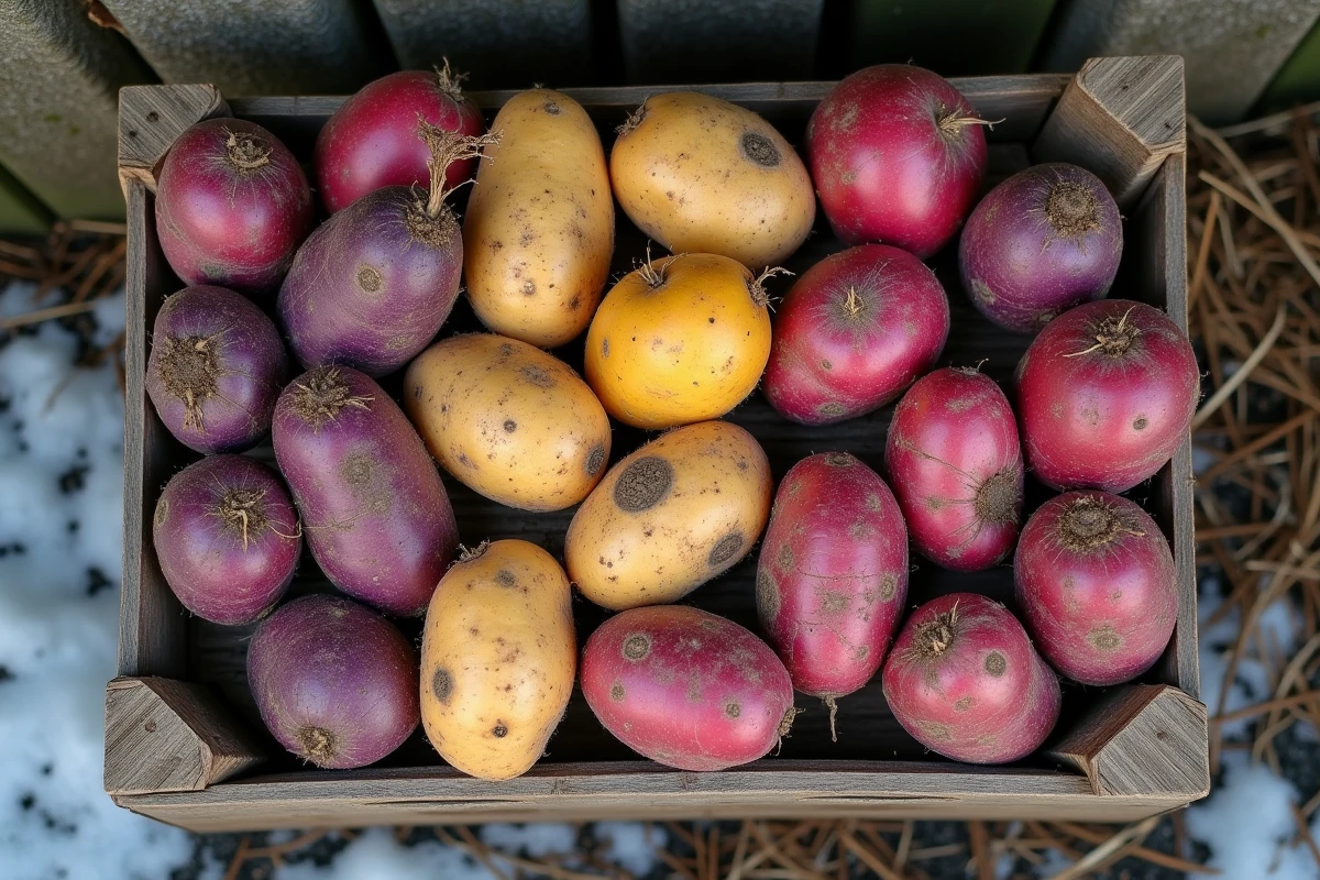 Variétés de pommes de terre colorées récoltées disposées sur une caisse en bois givré à la ferme