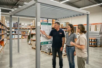 Vendeur expliquant les garanties d'une pergola 5x4 à des clients dans un magasin Brico Dépôt
