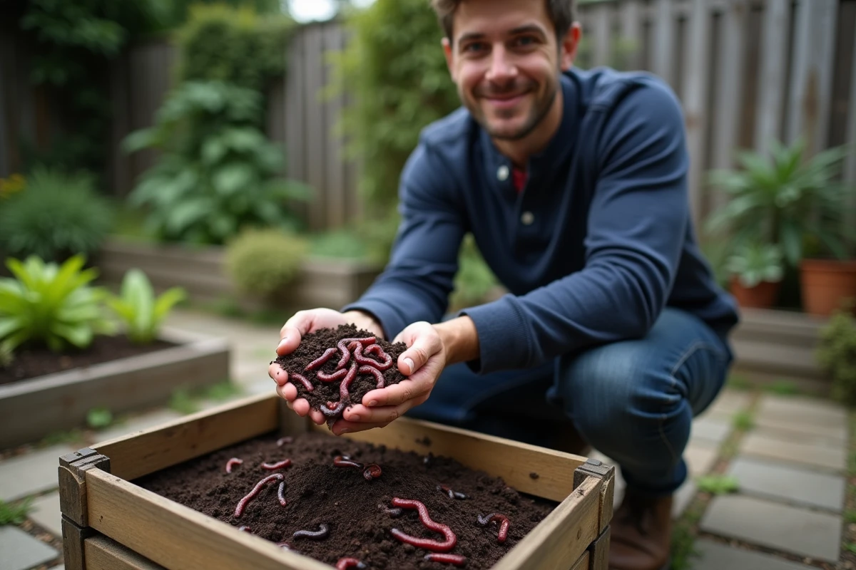 Homme tenant des vers de terre rouges dans du compost pour alimenter un lombricomposteur de jardin