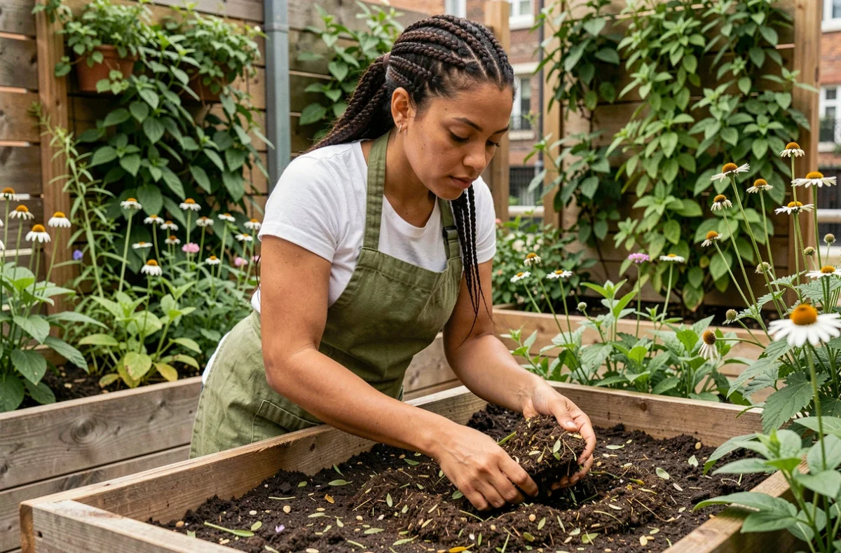 Jardinière de Vert l'Essentiel pratiquant le compostage dans un jardin urbain écologique à Toulouse