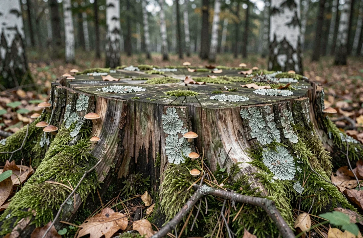 Gros plan d'une vieille souche d'arbre recouverte de mousse et de champignons dans une clairière forestière