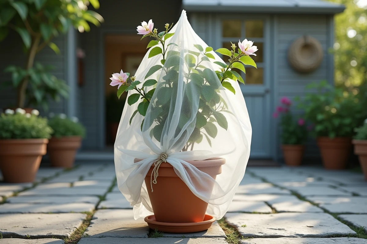 Bougainvillier en pot recouvert d'un voile d'hivernage blanc pour le protéger du gel sur une terrasse en pierre