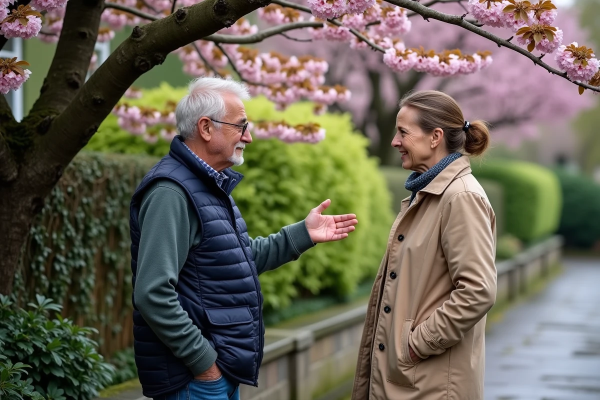 Deux voisins discutant calmement sous un prunus en fleurs dont les branches débordent de part et d'autre d'un mur de jardin